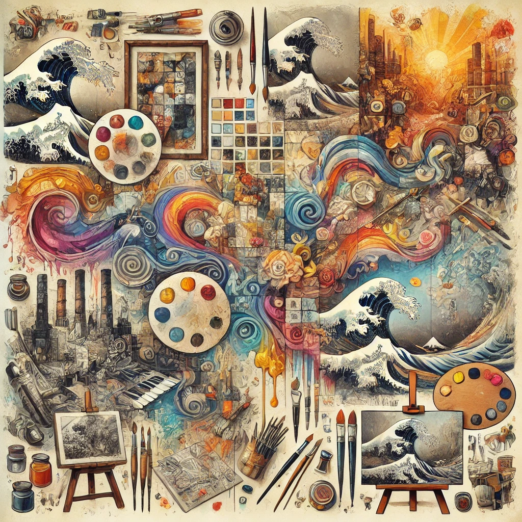 Ilustração que destaca diversas técnicas e estilos de pintura. Ela foi criada para refletir a diversidade e a riqueza dos métodos artísticos mencionados no texto.